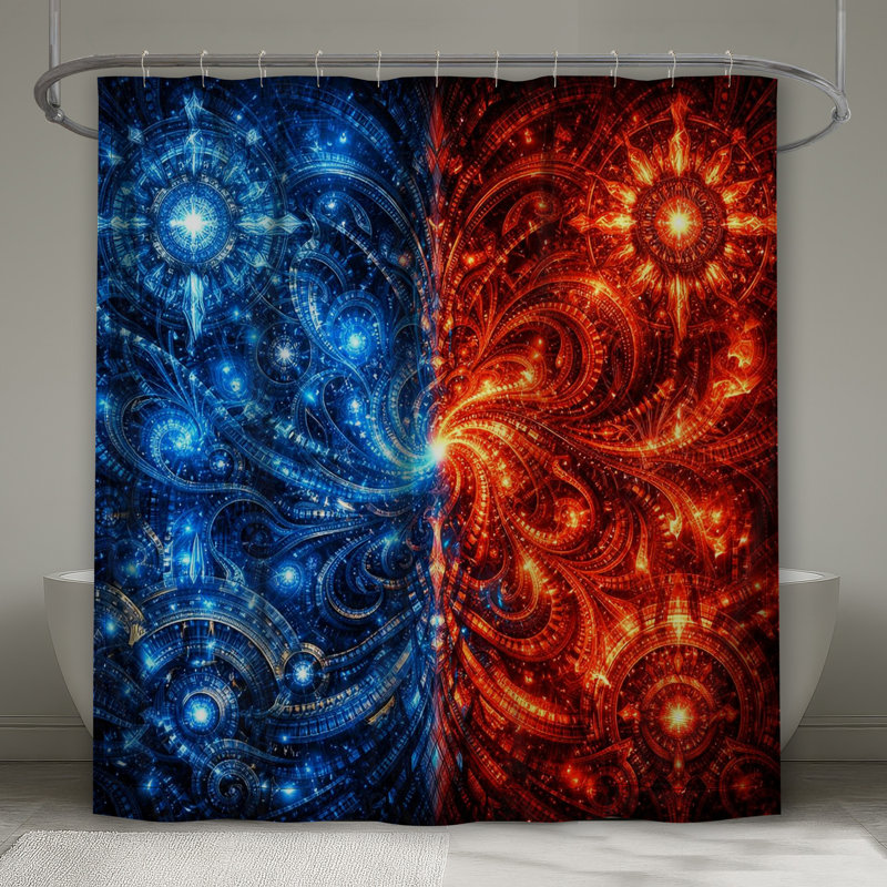 Rideaux de douche très longs à motif fractal bleu et rouge, 70in W x 93in H