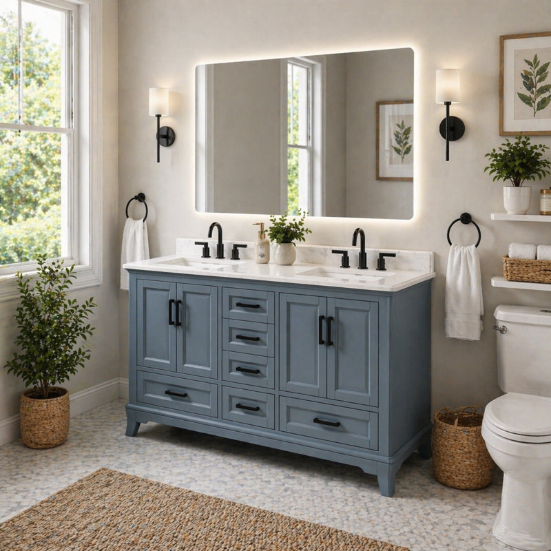 Meuble-lavabo sur pied simple 30 po avec comptoir en quartz Rawsonville, Bleu acier, 30"
