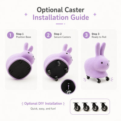 Tabouret d'appoint rembourré en forme de lapin mignon avec roulettes pivotantes à 360° en option