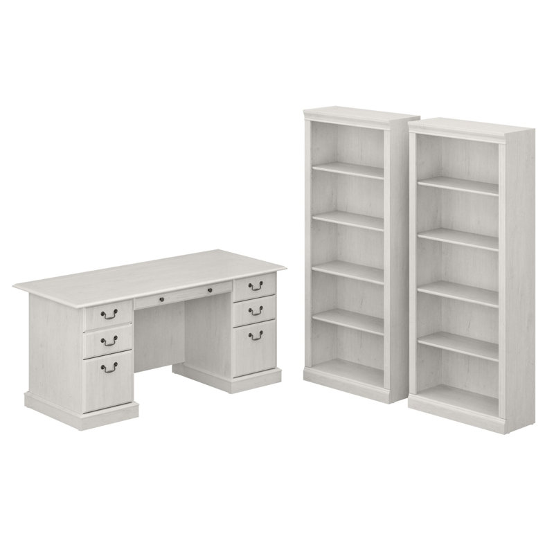 Raker 3 Piece Executive Desk Office Set, Linen White Oak