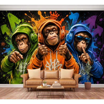 Wall Mural Peel and Stick Hip-Hop Monkeys Colorful Hoodies Street Art Large Wallpaper Self-Adhesive Removable Contact Paper Wall Decor for Living Room Bedroom Nursery 100"H x 144"W