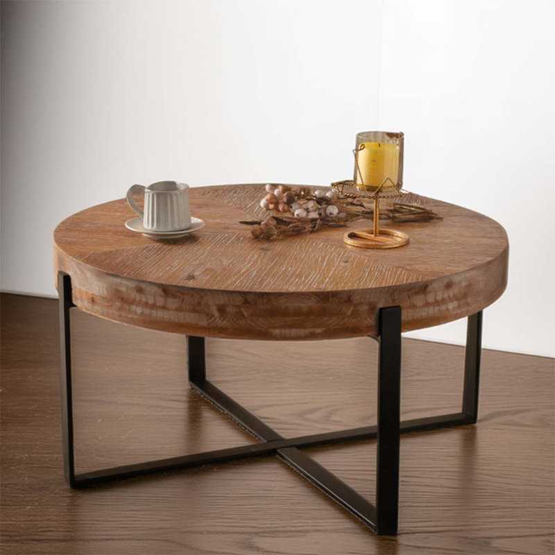 Solid Wood Top Single Coffee Table, Black, Natural, 17.72" H x 33.86" L x 33.86" W