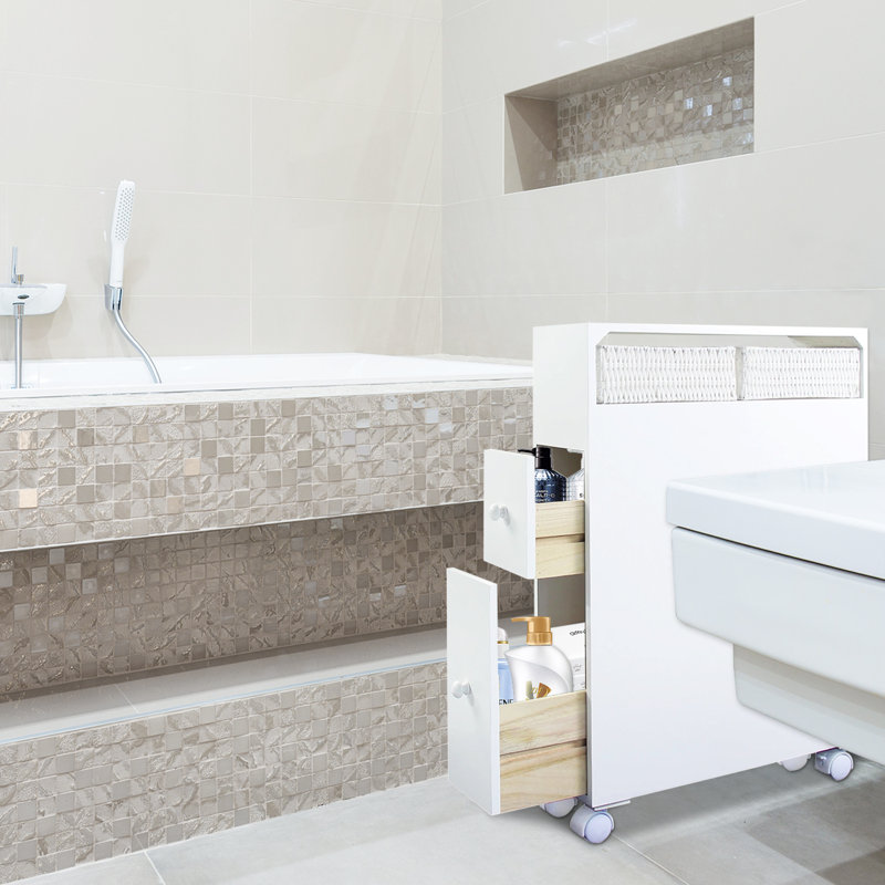 Slim Rolling Bathroom Storage Cabinet with 2 Drawers & Woven Baskets, Water Resistant Narrow Gap Rolling Organizer Cart with Lockable Casters for Toilet Side Space