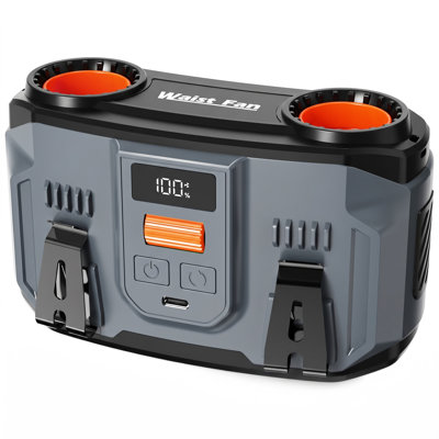 Ventilateur de ceinture à pince rechargeable 24 000 mAh, ventilateur de ceinture portatif à double moteur de 16 000 tr / min, ventilateur de refroidissement personnel à long terme réglable à 5 vitesses, 27 heures pour le camping en plein air, gris foncé