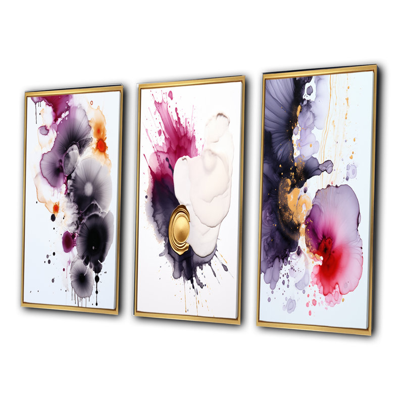 Delicate Fluidity Magenta And Gold Ink Clouds II - Abstract Painting Art Set Of 3 Pieces, Encadrement doré, H 32 po x l 48 po