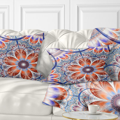 Brown and Blue Large Fractal Flower - Floral Printed Throw Pillow