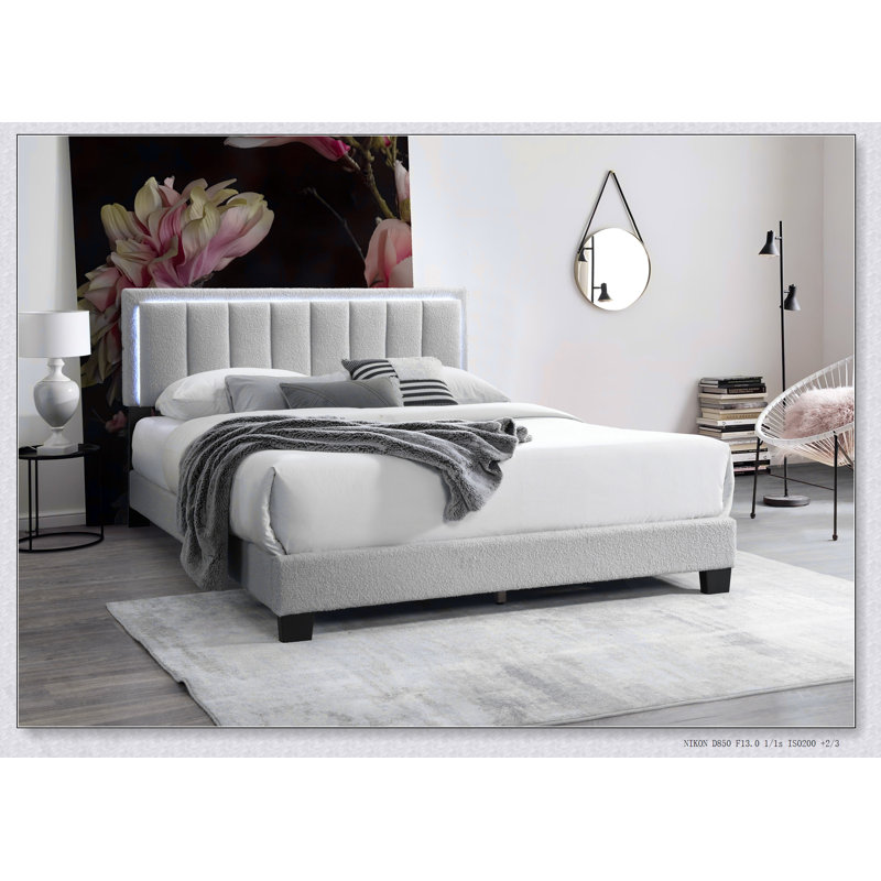 Mobilier de chambre à coucher rembourré à DEL de style moderne avec tissu en laine gris anthracite, Gris clair