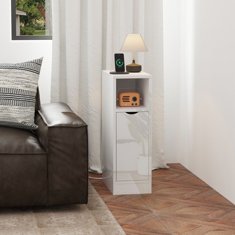20 cm W Bedside Table, White High Gloss Door