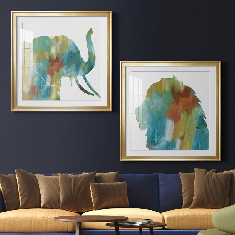 «Painterly Elephant», ensemble de 2 reproductions d'art encadrées, H 34,5 po x l 69 po x P 1,5 po, Papier encadré doré, Blanc