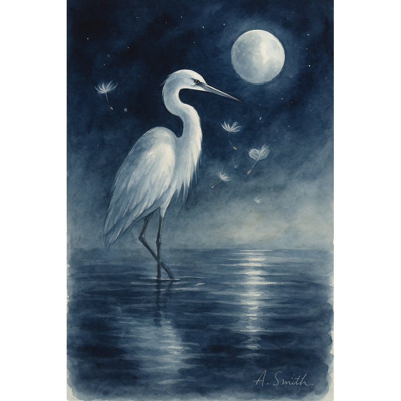 «Midnight Grace: Egret Under Moonlit Sky», toile tendue, H 24 po x l 16 po
