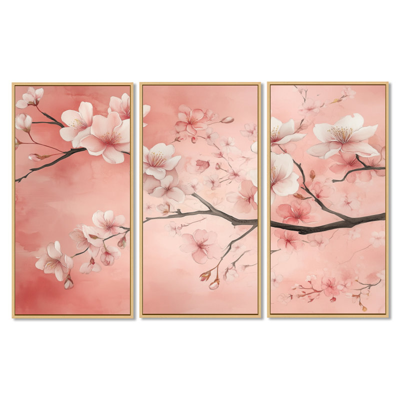 Soft Sakura Cherry Blossom Bloom I - ensemble de 3 toiles encadrées florales ivoire, 40" H x 60" W, Cadre naturel flottant