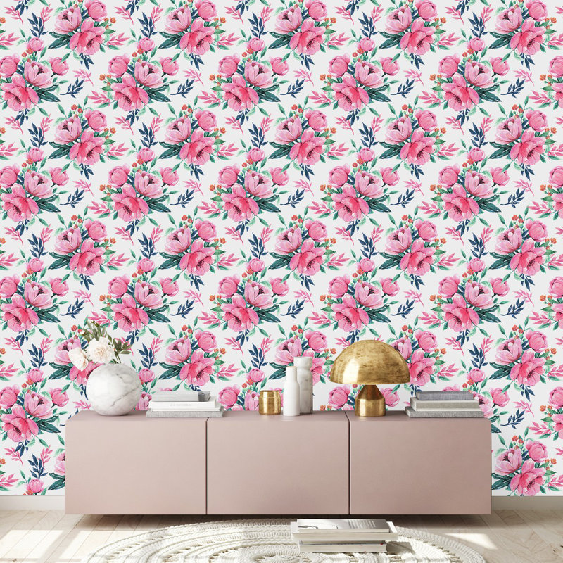 Papier peint blanc avec fleurs roses, Vert / rose