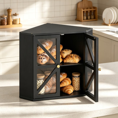 Corner Bread Box for Kitchen Countertop, Bamboo Bread Storage Cabinet with Transparent X-Pattern Acrylic Doors, Bread Keeper Organizer for Kitchen Counter