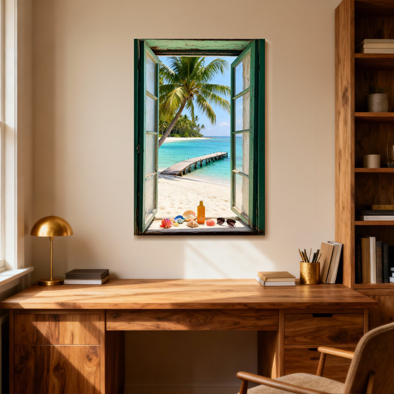 Paysage et nature, plage tropicale, palmiers, vue sur l'océan, scène de fenêtre, H 40 po x l 28 po