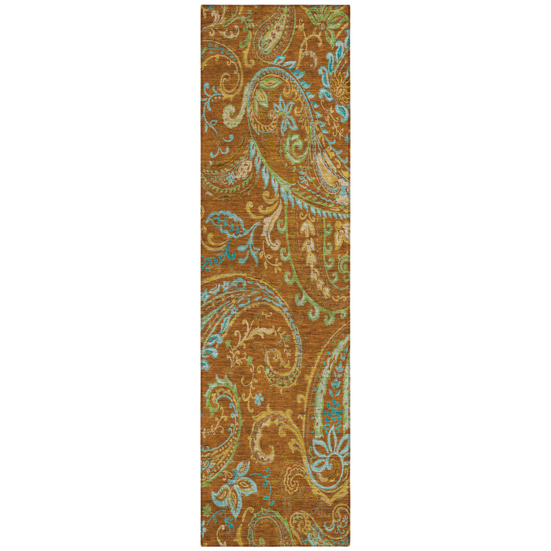 8' Runner Orange Paisley Washable Non Skid Indoor Outdoor Runner Rug