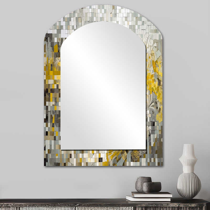 Jaune et crème Bohemian Medley I - grand miroir asymétrique mosaïque Boho, miroir mural décoratif arche moderne, impression d'art en métal