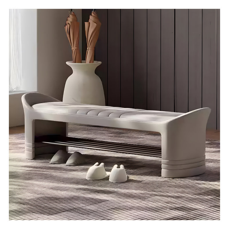 Banc de rangement contemporain pour chaussures en cuir massif, Blanc, 16.54" H x 39.37" W x 15.75" D