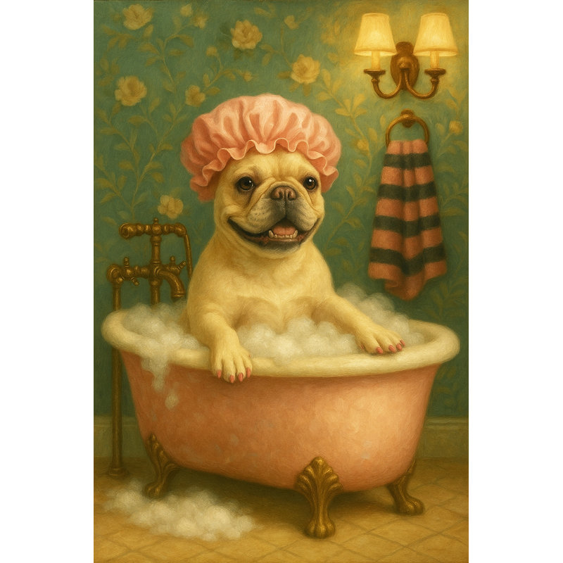 Vintage French Bulldog Taking a Bubble Bath by Sinead
