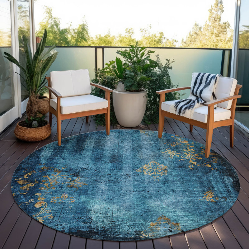 Machine Washable Indoor/Outdoor Xhevrie Blue Rug, Round 8'