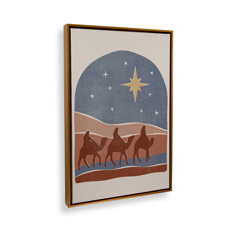 Étoile de Bethléem, crèche de Noël II, reproduction sur Canva, Cadre flottant doré, H 48,75 po x l 32,75 po