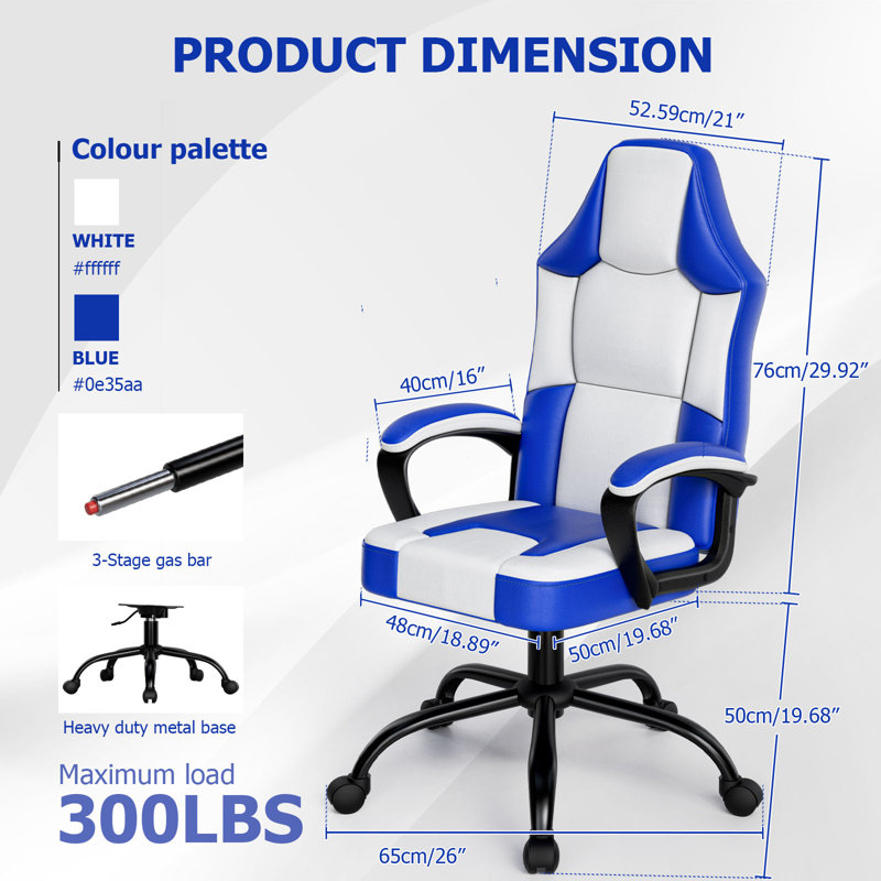Wrought Studio™ Swiveling PC & Racing Game Chair, Blue/White