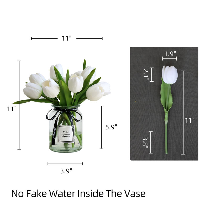10 pièces fausses tulipes dans un vase, tulipanes blanches en soie, fleurs artificielles, tulipes blanches (y compris le vase)