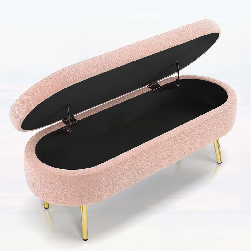 Banc de rangement repose-pieds ovale avec revêtement en flanelle et pieds en métal robustes, parfait pour les espaces de vie modernes et confortables