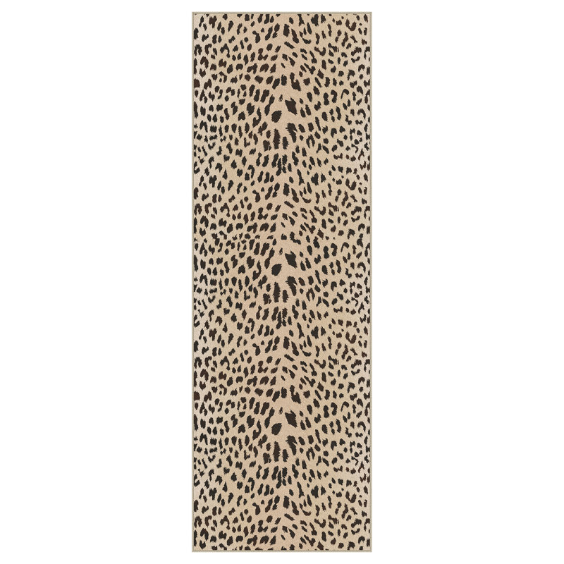 Savanna Animal Print Machine Washable Leopard Black Brown Indoor Area Rug With Non-Slip Backing, Runner 2' x 7', Black/Beige