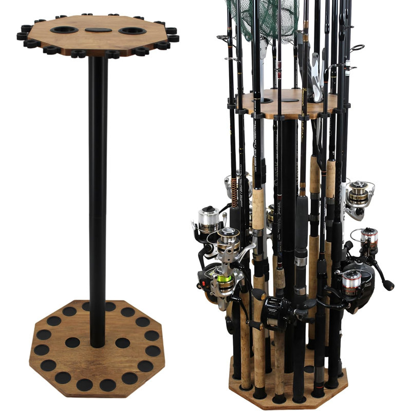 Support de 16 cannes à pêche rondes pour le garage, support à 36 ° pour cannes à pêche, moulinets, équipement et accessoires, peut contenir 16 cannes à pêche en grain de bois