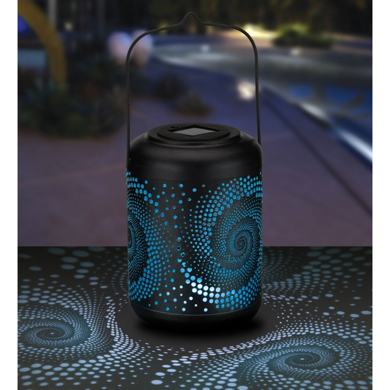 14.5 Inch Metal Solar Powered Outdoor Shadow Lantern with Decorative Cutout Patterns and Hanging Handle, Black/Teal