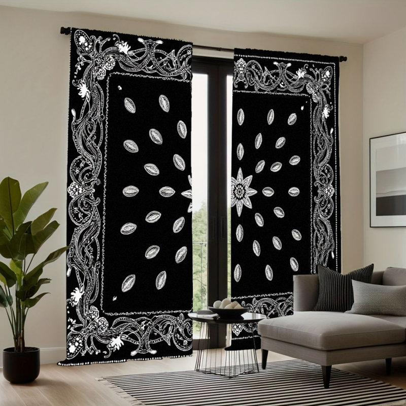 2Pcs Black White Swirl Pattern Curtains, Vintage Scroll Design, Rod Pocket Light Filtering, Retro Style, All-Season For Living Room Bedroom Home Decor