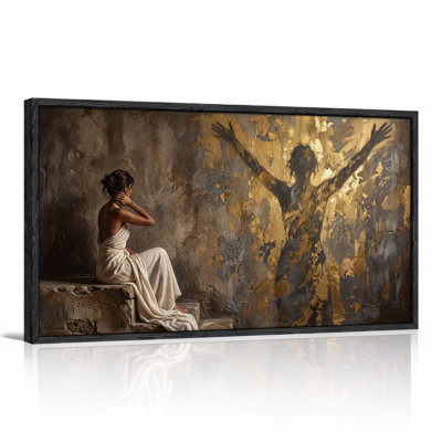 Seated Woman in White Robe Viewing Golden Figure Silhouette Canvas Wall Art