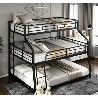 Twin XL/Full XL/Queen Triple Bunk Bed With Long And Short Ladder, Full-Length Guardrails, And Modern Metal Design, Black