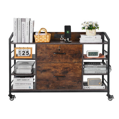 2 Drawers Metal File Cabinet with 6 Open Shelves and Power Strip by 17 Stories