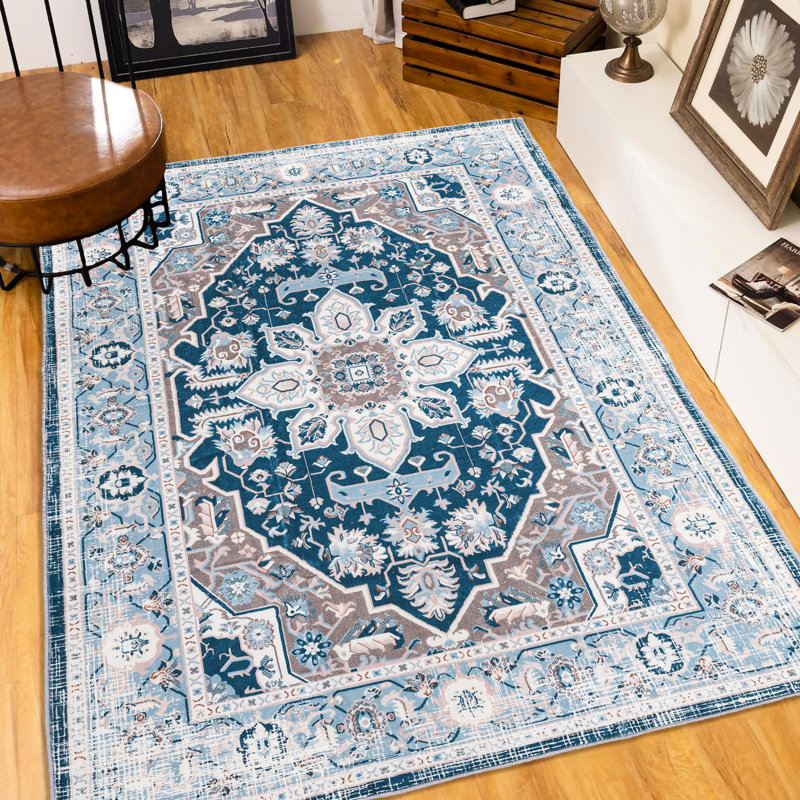 6x9 Area Rug Vintage Look, Blue Washable Non-slip For Living Room, Bedroom, Patio Rug, Floral Design Bedroom