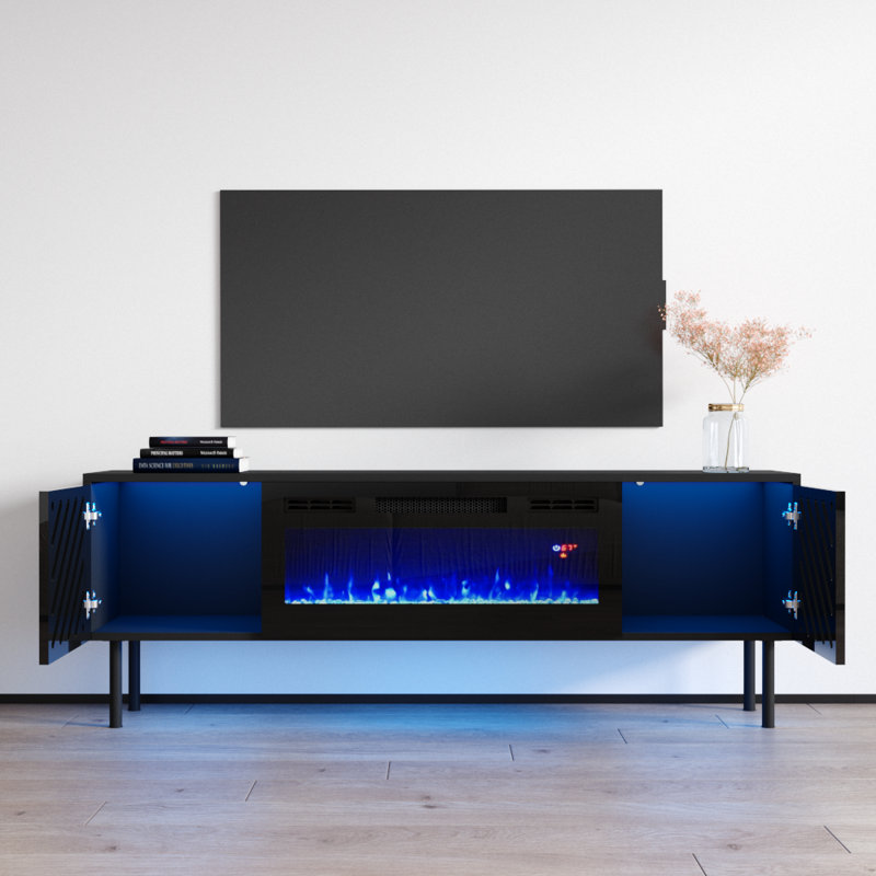 Meuble télé avec foyer électrique pour téléviseur de 70 po ou moins Metherell, Noir