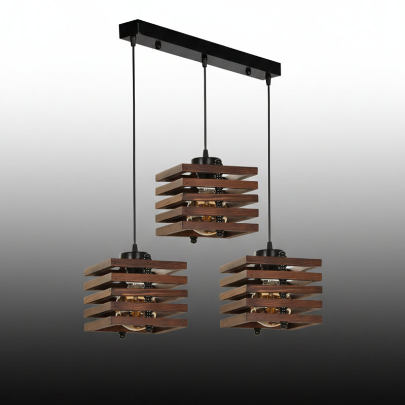 Luminaire suspendu à lattes en bois rustique - 3 lumières pour îlot de cuisine - hauteur réglable, Marron foncé
