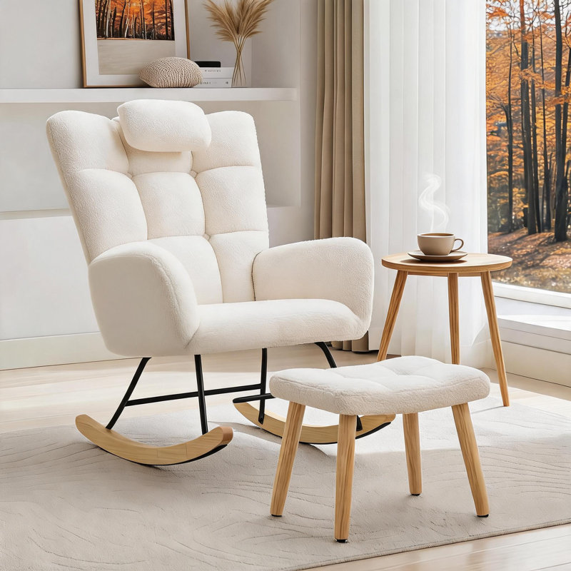 Fauteuil à bascule avec repose-pieds, fauteuil à bascule confortable avec dossier haut et siège rembourré, fauteuil d'appoint pour chambre d'enfant, salon, chambre à coucher, bureau, petits espaces intérieurs