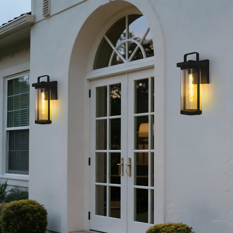Outdoor Wall Sconce Light, Matte Black Metal & Tempered Glass Shade Wall Lantern Waterproof For Porch Doorway Patio（Set Of 2)