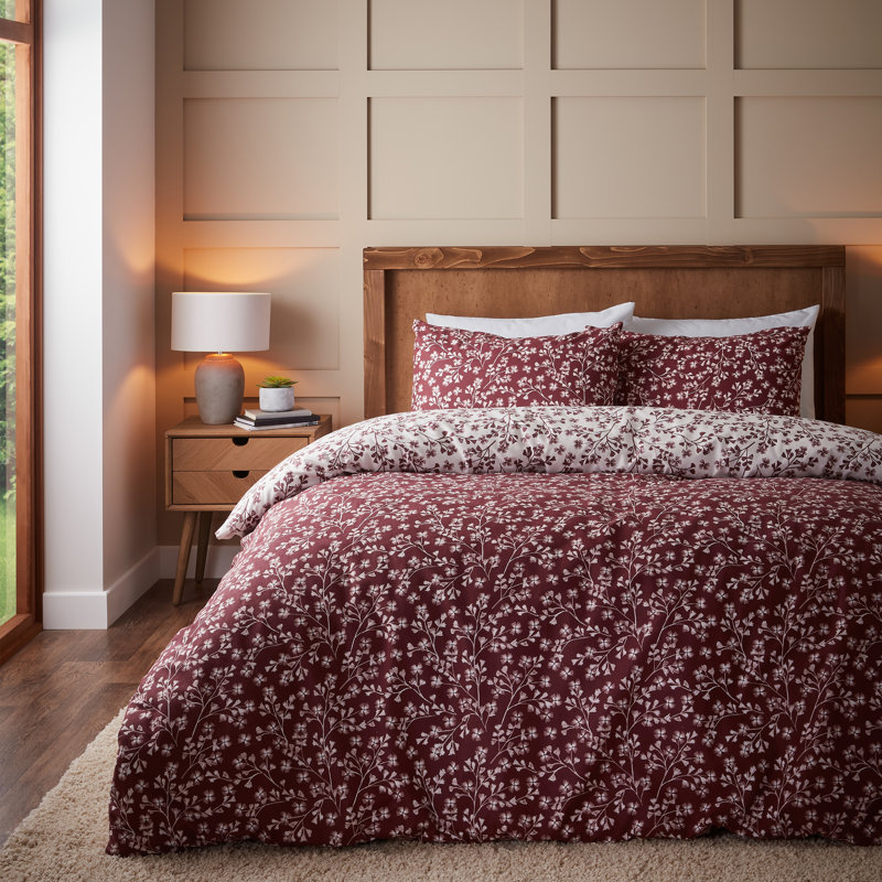 Brushed Grace Floral Leaf Cotton Reversible Duvet Cover Set, Red, Double Duvet Cover + 2 Standard Pillowcases