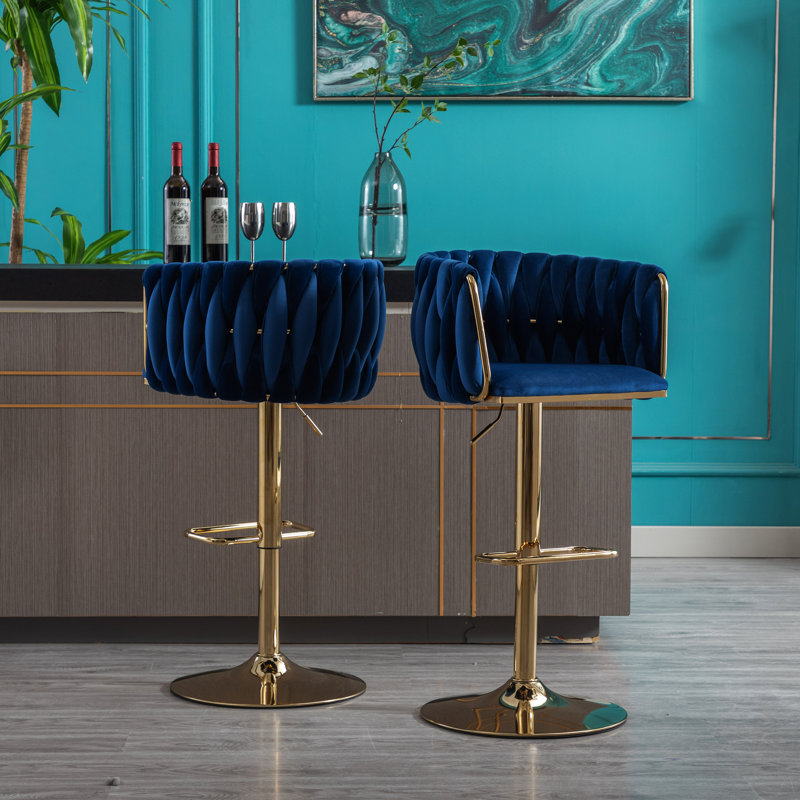 Tabourets de bar 2, revêtement en velours bleu marine, pieds dorés, repose-pieds et base, hauteur réglable de 2, siège, repose-pieds de base, mécanisme