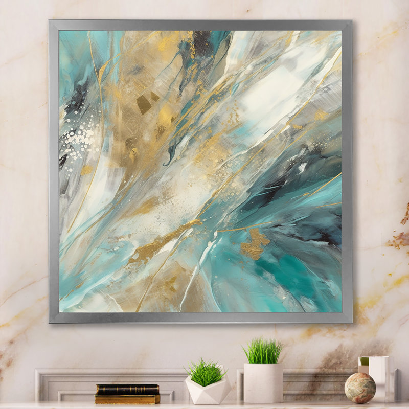 Turquoise Serendipity, peinture abstraite I - peinture abstraite sur toile, Cadre simple argenté, H 30 po x l 30 po x P 1 po