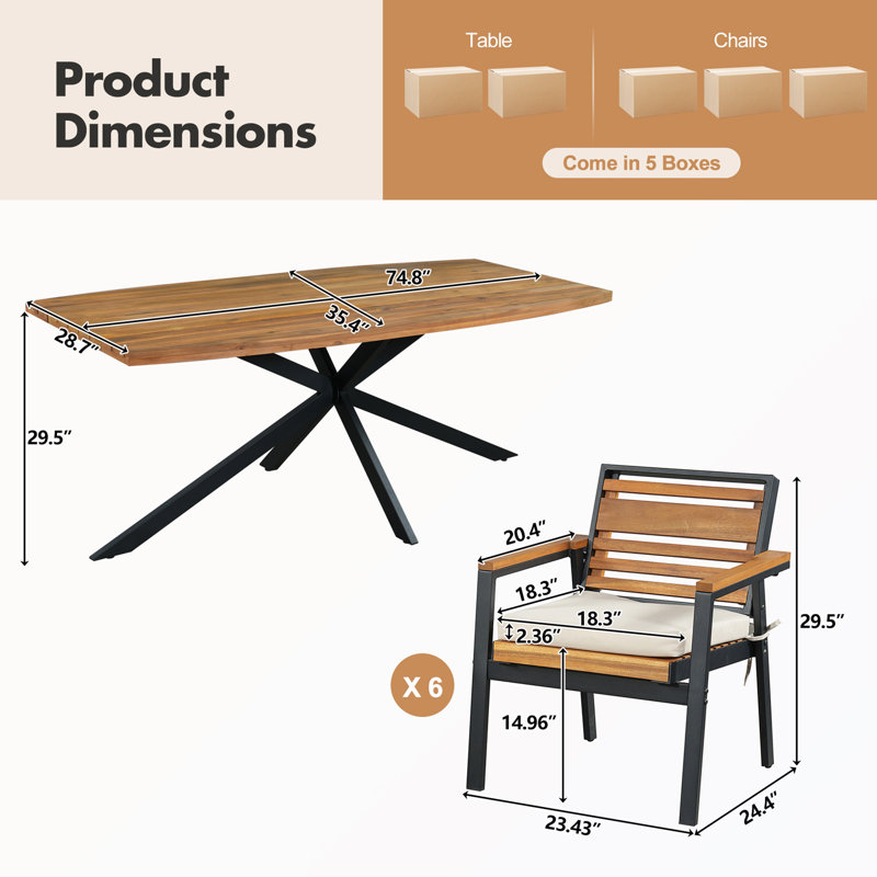 Ensemble repas d'extérieur 7 pièces avec 6 chaises et coussins amovibles, White