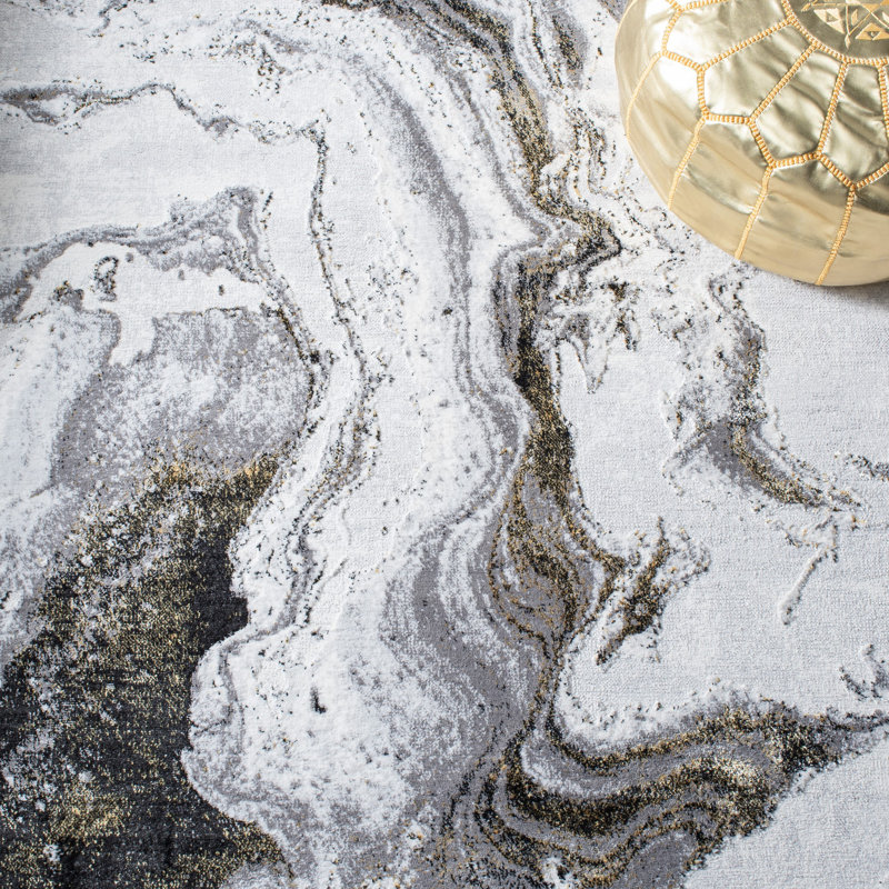 Kira Abstract Gray/Gold Area Rug, Round 6'7"