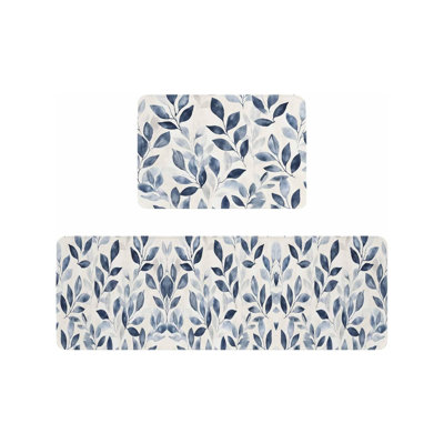 Blue Watercolor Leaf Kitchen Mats, Set of 2 for Kitchen & Bedroom, Minimalist Home Decor