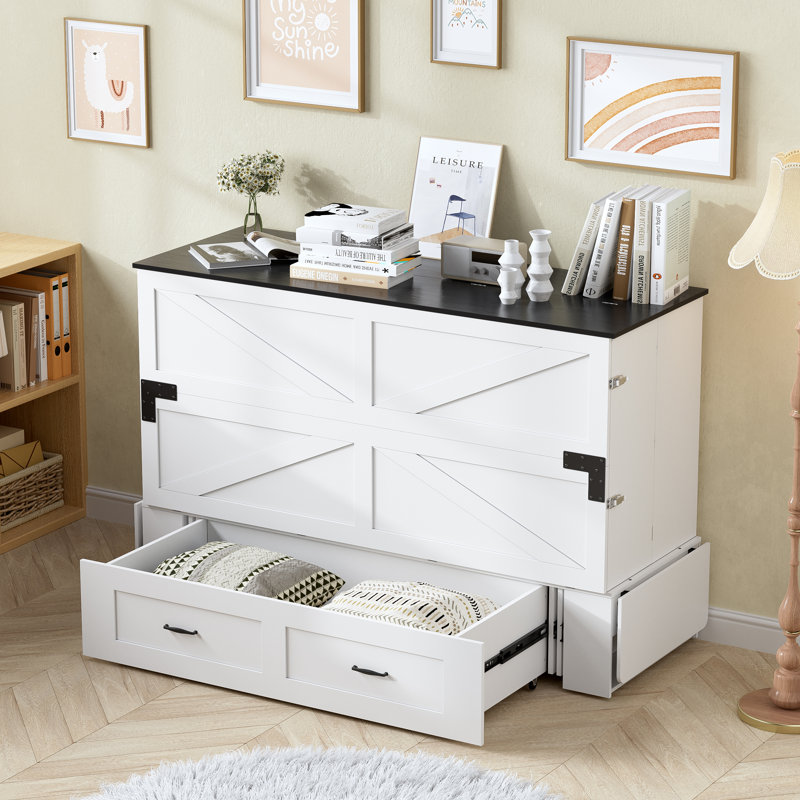 Queen Murphy Bed Cabinet with Charging Station & Large Storage Drawer, Foldable Panel Design, Hidden Space, Space-saving Cube Cabinet Bed Frame for Guest Room, Living Room, Office (No Mattress Included)