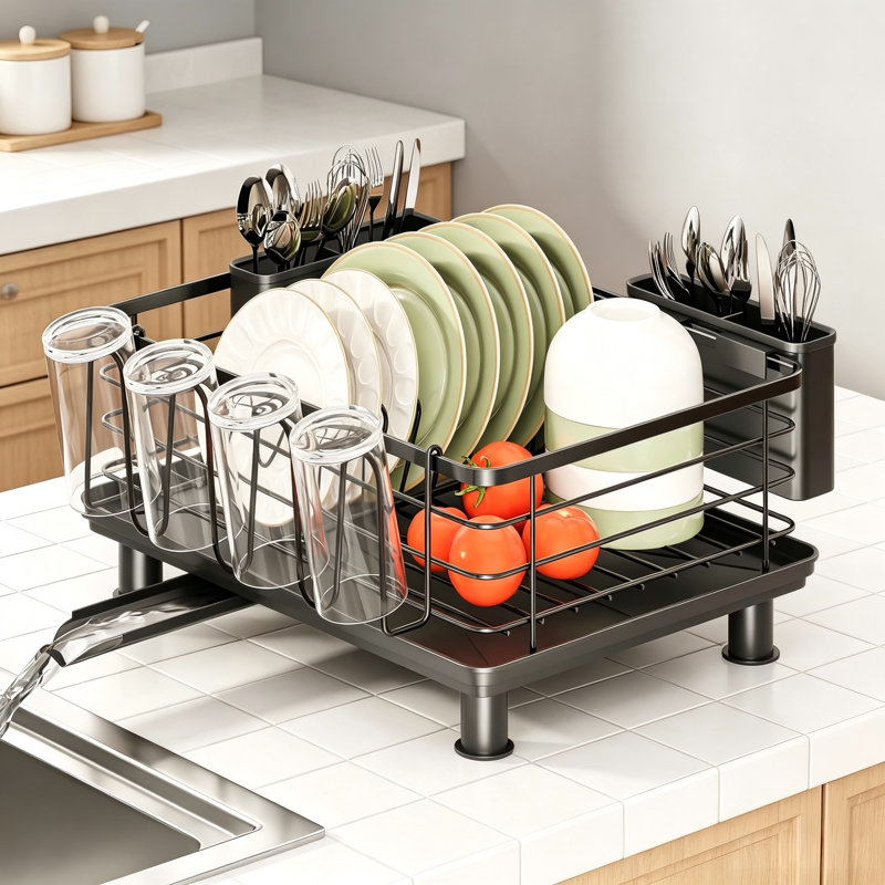 Large Capacity Dish Drying Rack with 2 Utensil Holders, Black