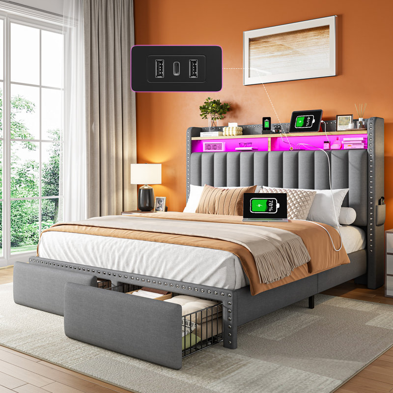 Upholstered Storage Bed with LED Light and Charging Station, Gray, Full / Double