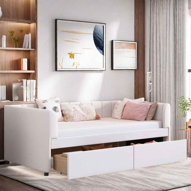 Aliasa Upholstered Daybed with Ergonomic Design Backrest and 2 Drawers, Beige