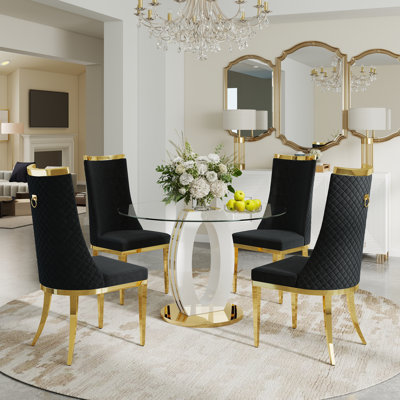 Round Tempered Glass Dining Table Set, Luxury Dining Table with High Backrest Dining Chair for Dining Room